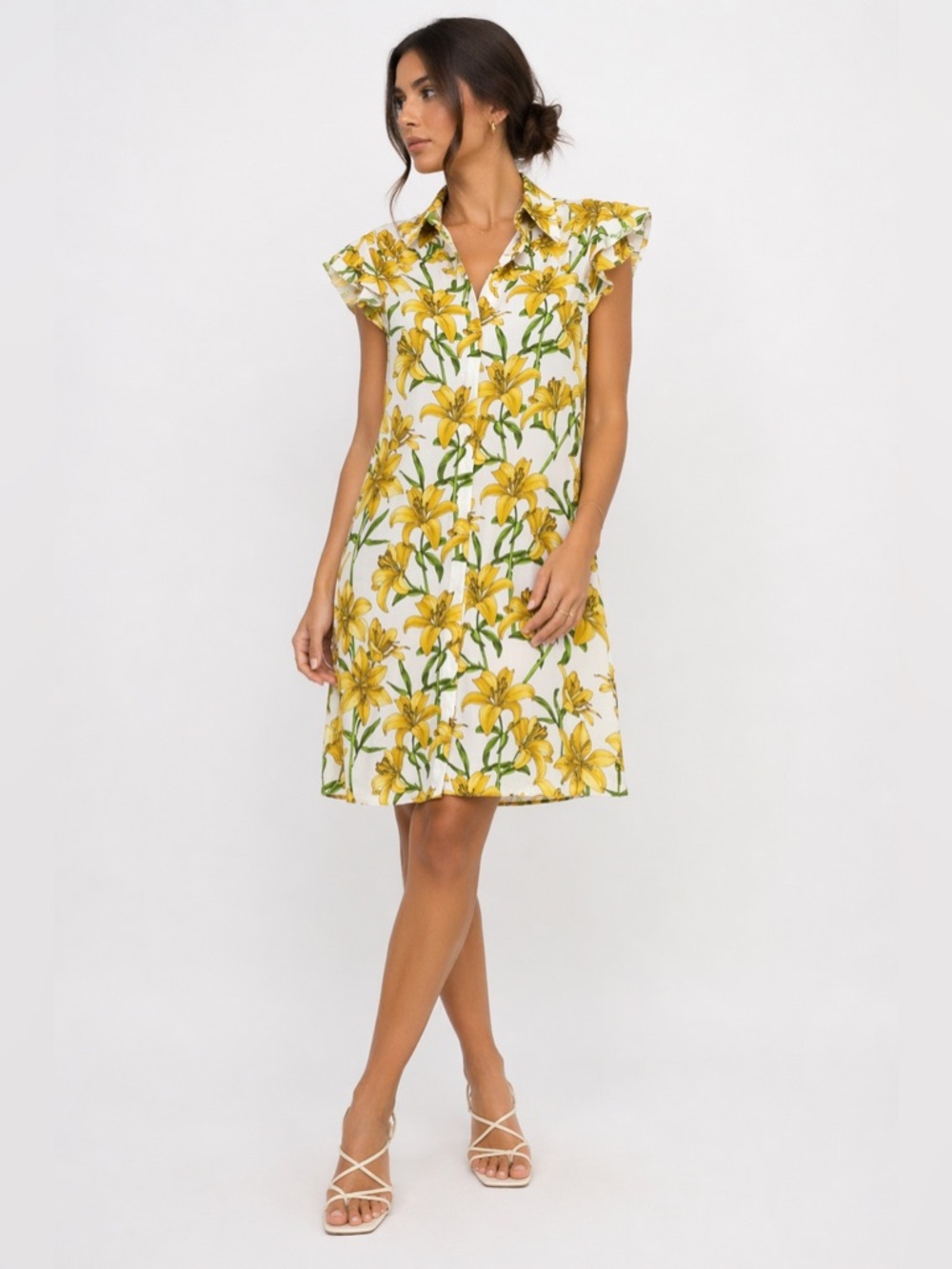 Alice + Olivia Yellow Lily Print Shirt Dress Silk Blend Size S summer dress - Picture 2 of 11